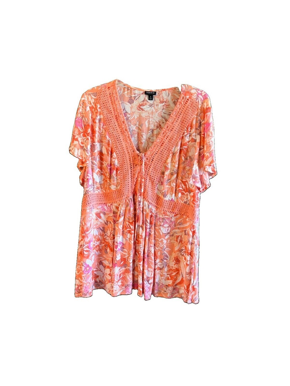 TORRID (2X) Coral Babydoll Crinkle Gauze Crochet Lace-Up Top V-neck Empire Waist